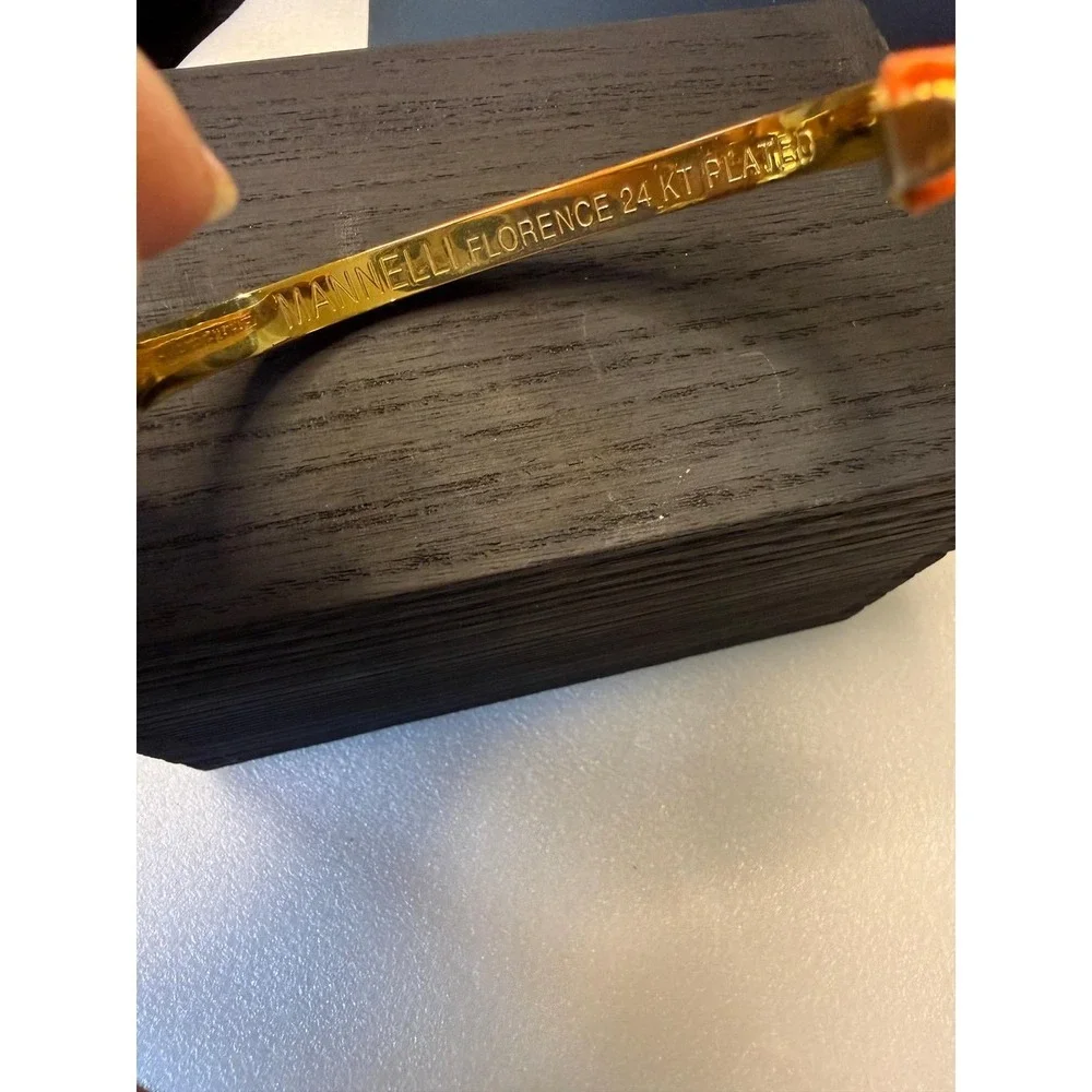 Mannelli Florence Orange Leather 24KT Gold Plated Curb‎ Link Bangle Bracelet - Picture 3 of 6